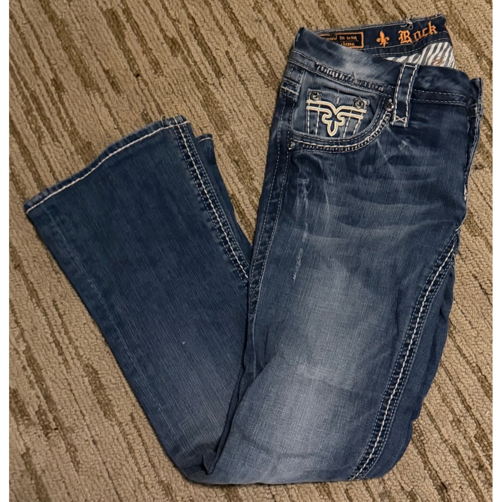 Rock Revival Jill Bootcut Jeans Medium Wash Embellished Flap Pocket Size 27